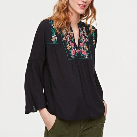 LOFT Embroidered Boho Peasant Blouse w Bell Sleeves. Black Rayon - Picture 1 of 8